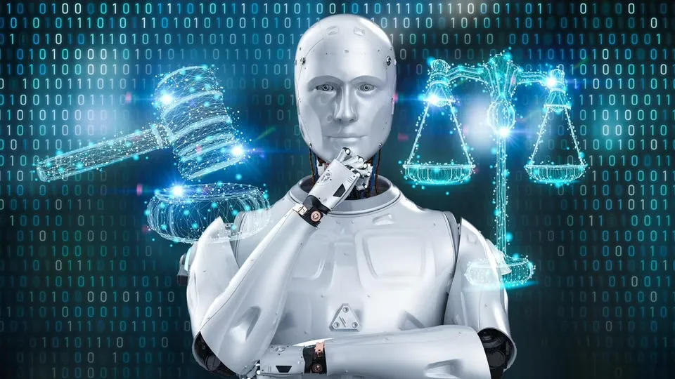 An AI robot surrounded by Zeros and Ones and two symbols that represent regulation and law