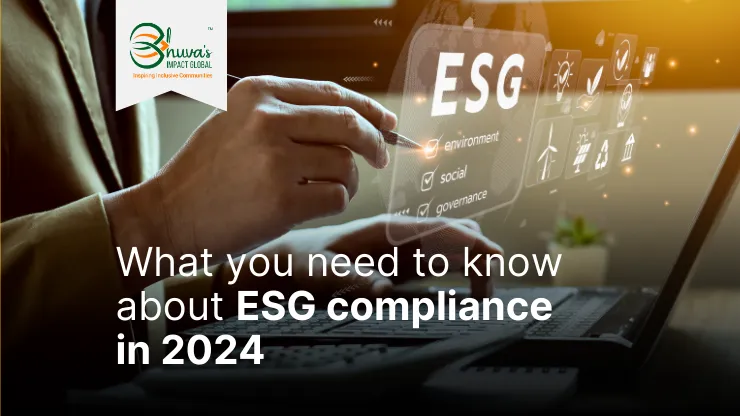Blog cover of "What you need to know about ESG compliance in 2024" with a hand holding a pen on a hologram that spells out ESG