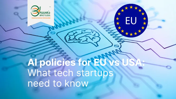 Blog cover of "AI politics for EU vs USA: What tech startups need to know" with a computer chip in the background