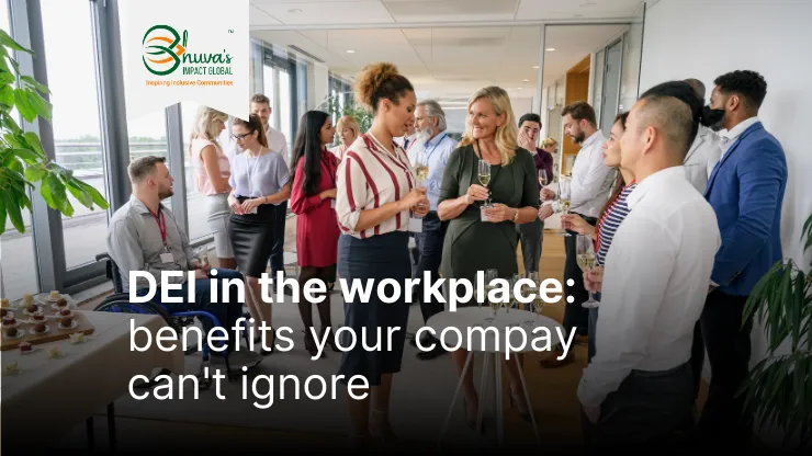 Blog cover of "DEI in the workplace: benefits your company can't ignore" with a big group of people mingling at work