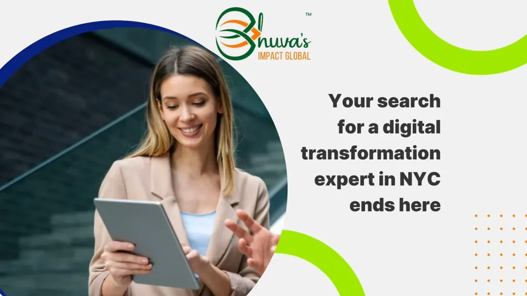 Blog cover of "Your search for a digital transformation expert in NYC ends here" with a woman pointing to something on a tablet