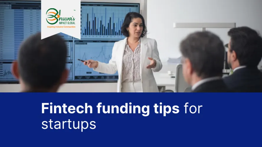Blog cover of "Fintech funding tips for startups" with a woman giving a talk in front of men