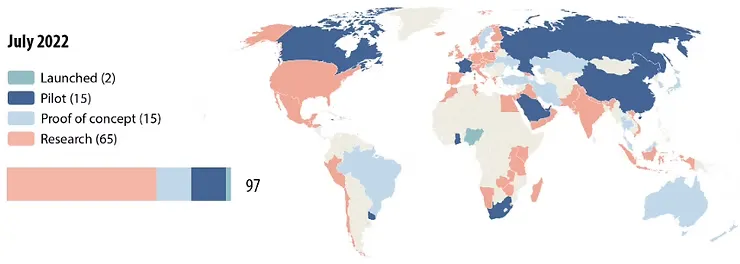 A highlighted world map indicating countries with digital curriences