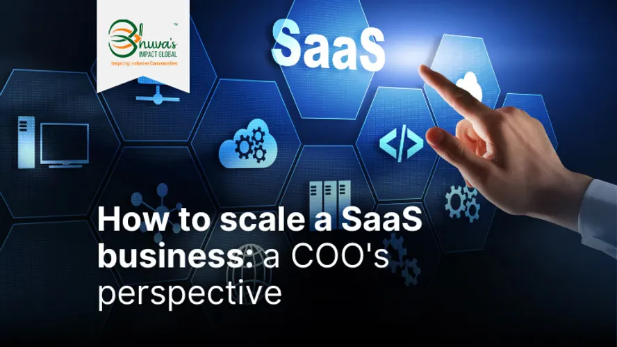 Blog cover of "How to scale a SaaS business: a COO's perspective" with a hand pointing on a hologram that says "SaaS"