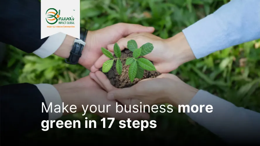 Blog cover of "Make your business more green in 17 steps" with two people holding their hands together and a plant in their connected palms