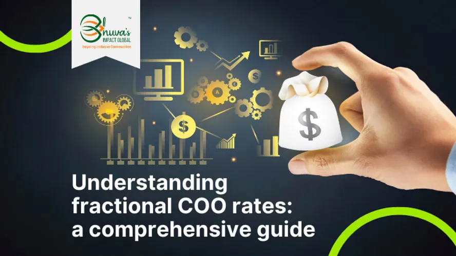 Blog cover of "Understanding fractional COO rates: a comprehensive guide" with a hand holding a bag of dollars in front of some business related icons