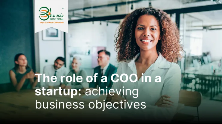 Blog cover of "The role of a COO in a startup: achieving business objectives" with a woman standing in front of a group of people with her arms crossed looking into the camera