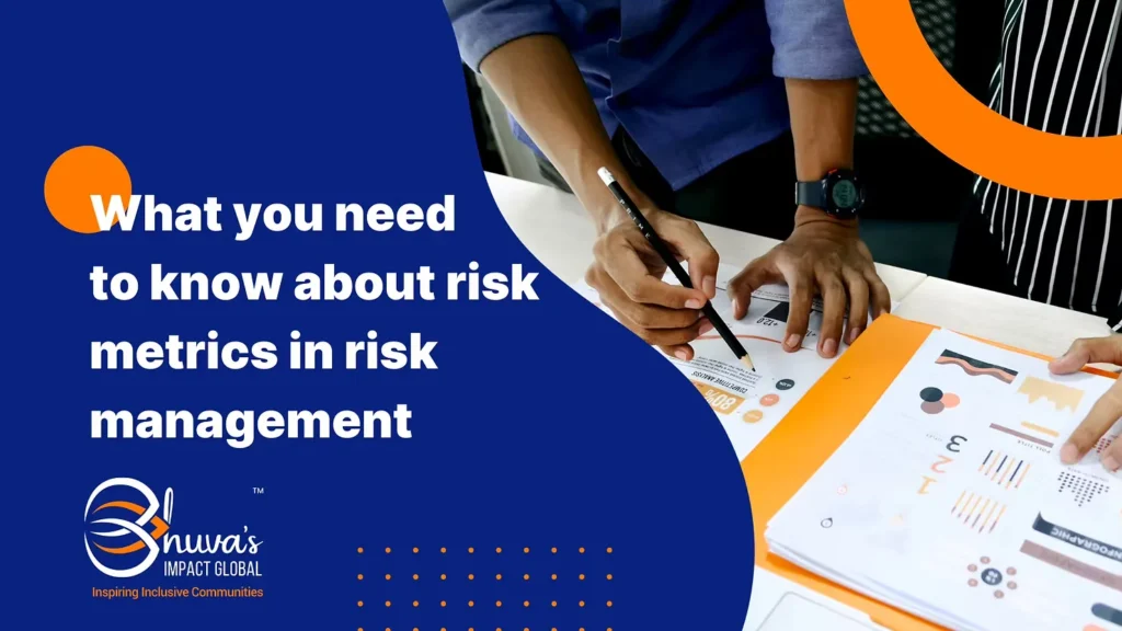 Blog cover of "What you need to know about risk metrics in risk management" with hands pointing to data with a pencil on papers