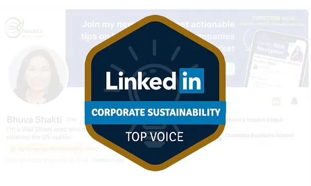Image of a Linkedin Top Voice badge for "Corporate Sustainability" for Bhuva Shakti