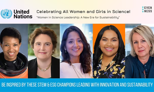 Image of female speakers at the United Nations "Celebrating all women and girls in science- women in science leadership: a new era for sustainability" including a headshot of Bhuva Shakti