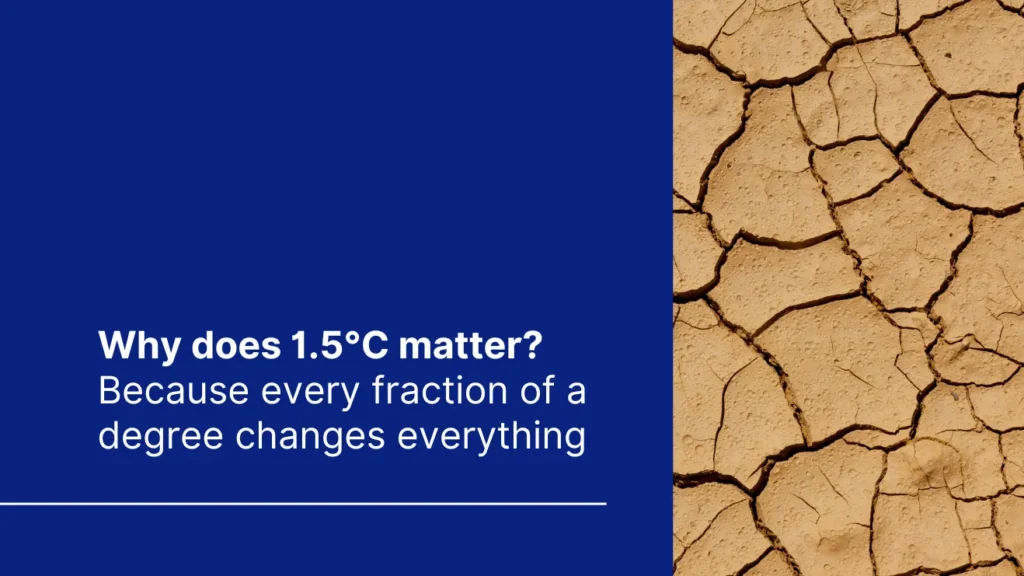 Cover of "Why does 1.5°C matter? Because every fraction of a degree changes everything" with an image of a ground during a drought with deep cracks in it