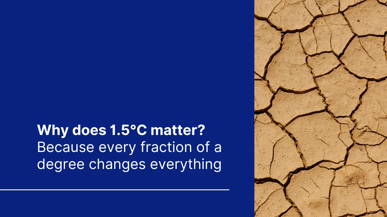 Cover of "Why does 1.5°C matter? Because every fraction of a degree changes everything" with an image of a ground during a drought with deep cracks in it